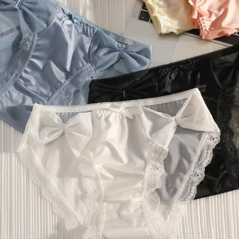 Women Sexy Satin Lace Mesh Transparent Bow Underwear Cute Lovely Sweety Princess Panties Ruffles Breathable Elasticity Breifs