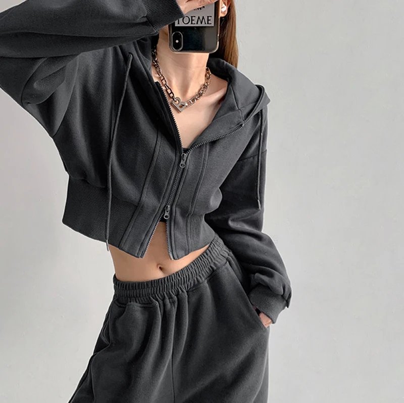 Women Cropped Hoodie Two Way Zipper Jacket Drawstring Hem Sweatshirt Slim Fit Long Sleeve Grey Athletic Yoga Gym Running Top