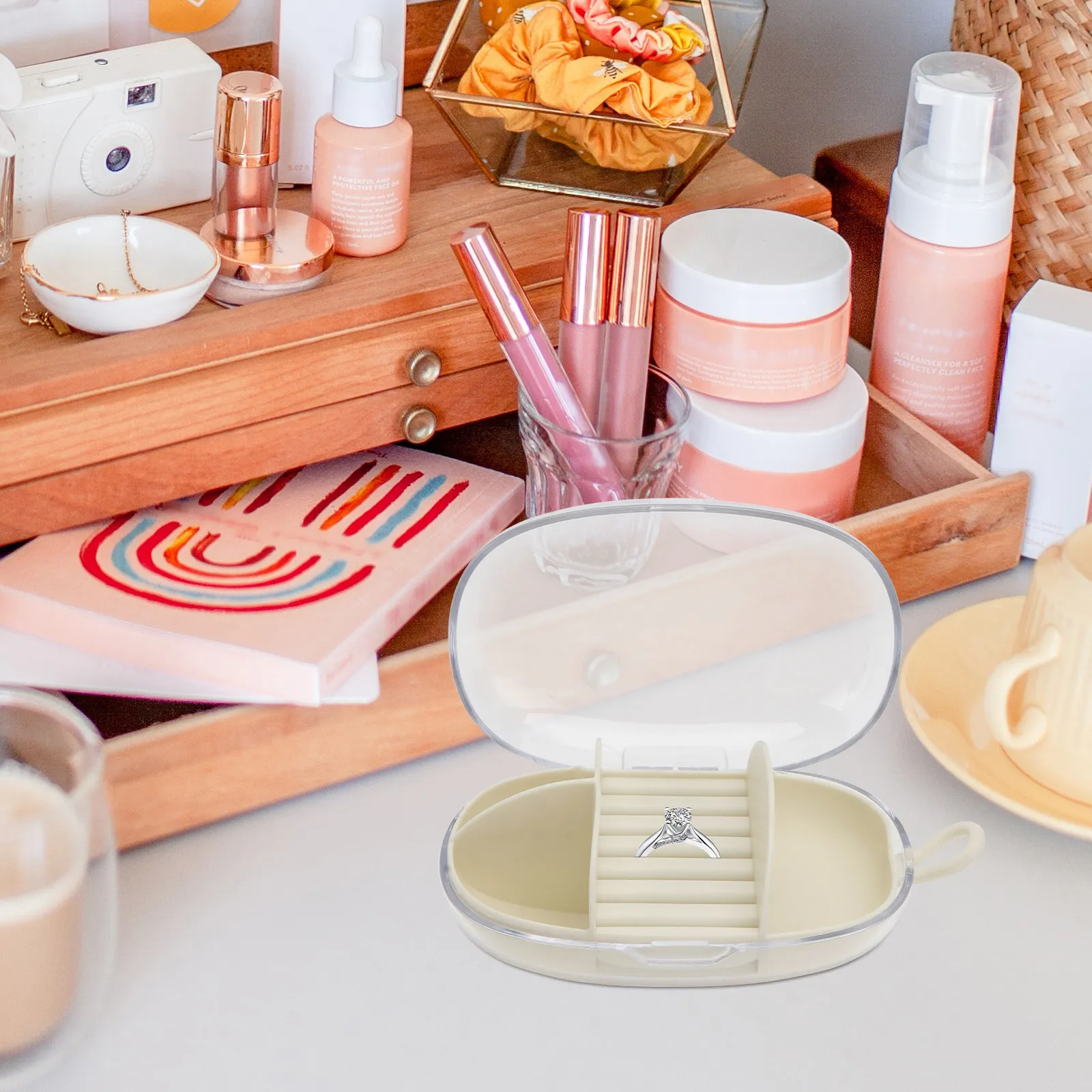 

1 шт. высококачественная дорожная шкатулка для украшений, портативный органайзер для серег и колец с прозрачной крышкой, простой и стильный подарок