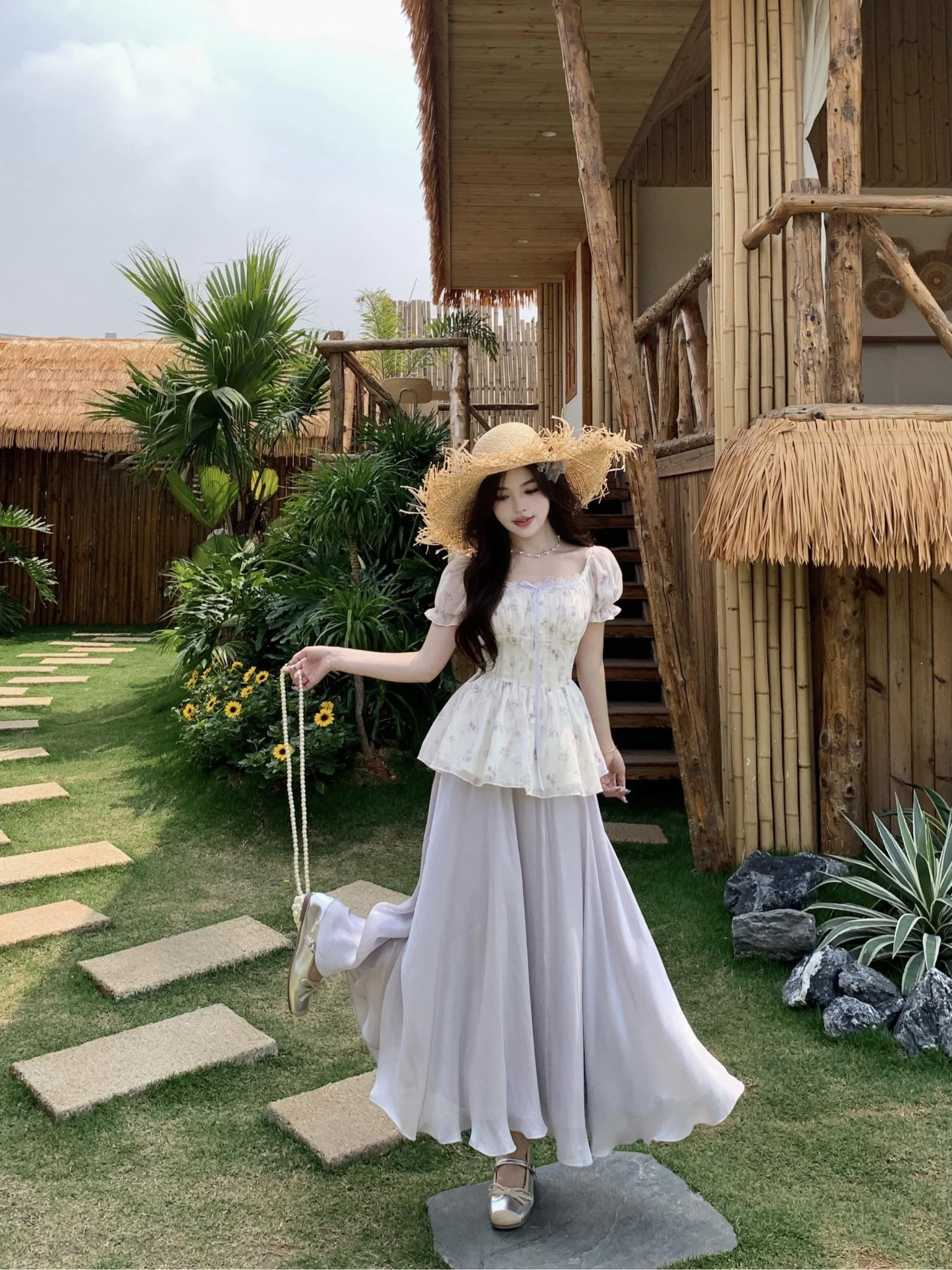 

Sweet Large Size Women's Summer Outfit Square Collar Bubble Sleeve Waist Cinched Midi Skirt And Top Set Korean Style Loose Fit