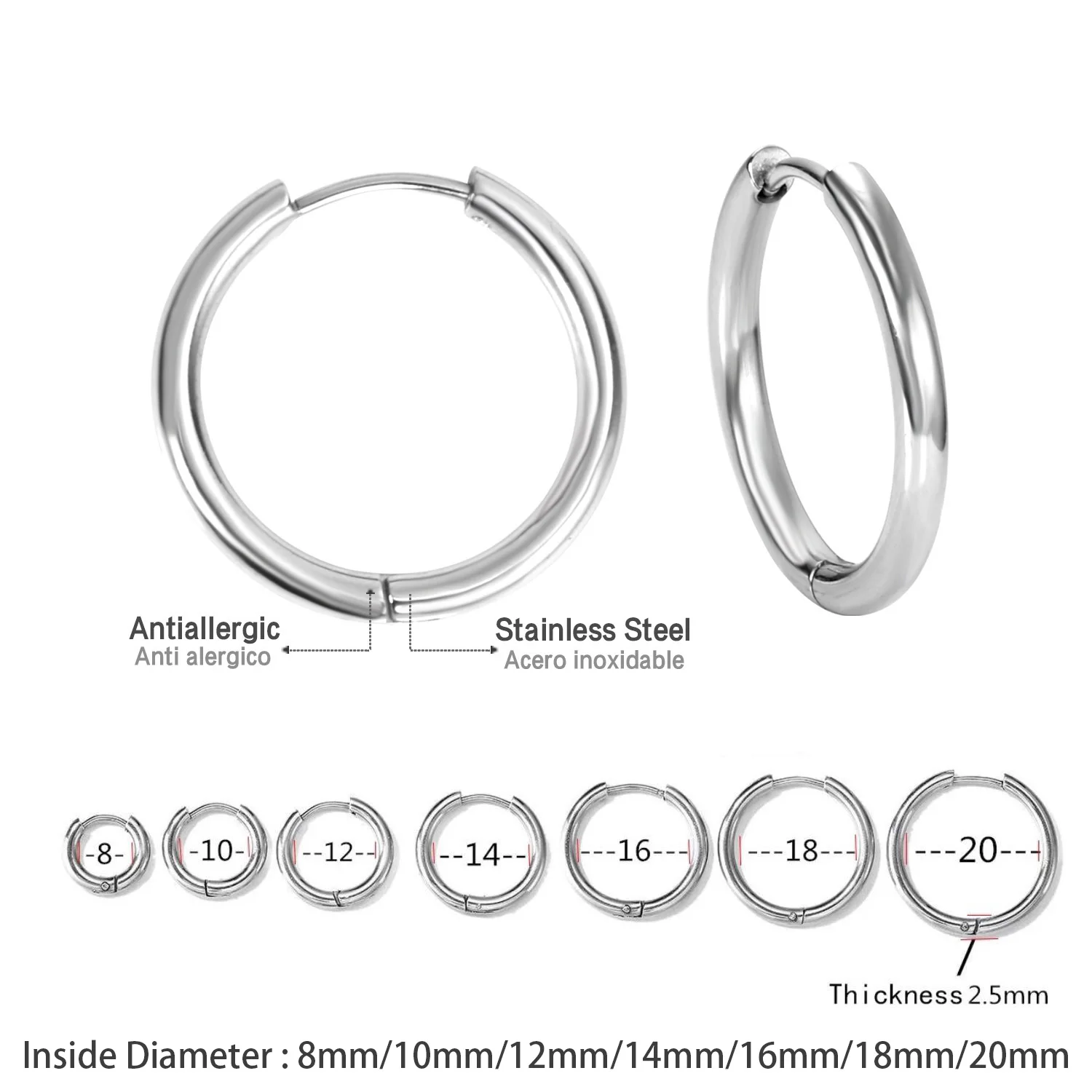 LUXUSTEEL 1Pairs/2Pcs Small Hoop Earrings Women Men Silver Color Stainless Steel Round Circle Pendientes Mujer aretes Punk