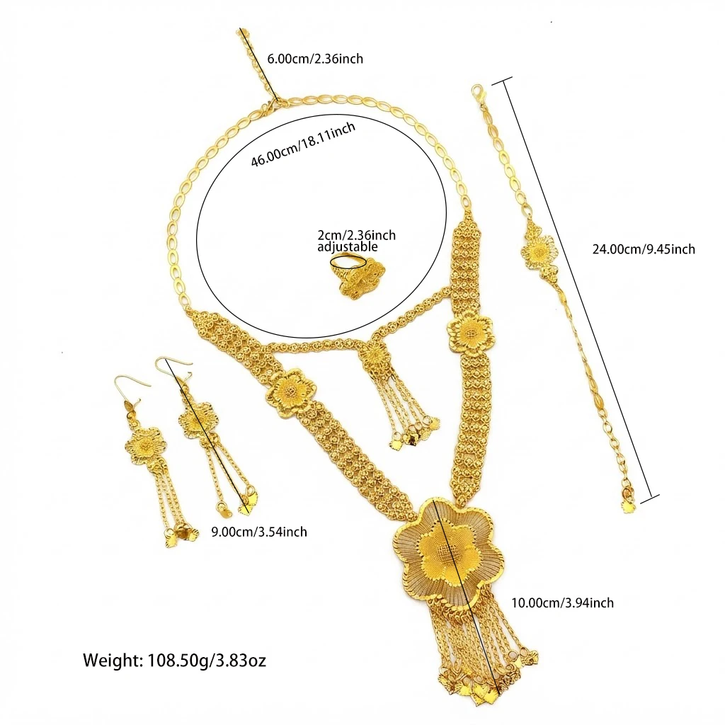 Italienisches 24K Goldfarbenes Schmuckset für Damen, Äthiopisches Dubai Blumen-Quasten-Halsketten-Armband-Ohrring-Ring-Set, Partygeschenk – Detail 6