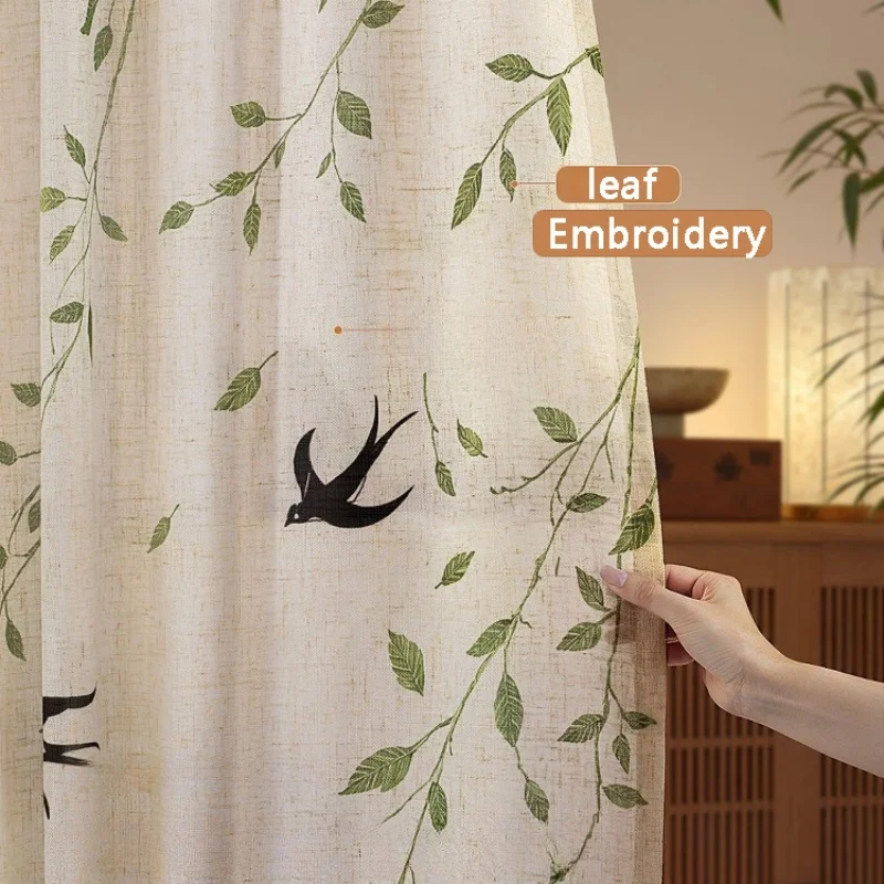French Embroidered Bird Linen Curtain For Living Room, Privacy Sheer Curtain For Bedroom, Machine Washable，Easy Install Curtain