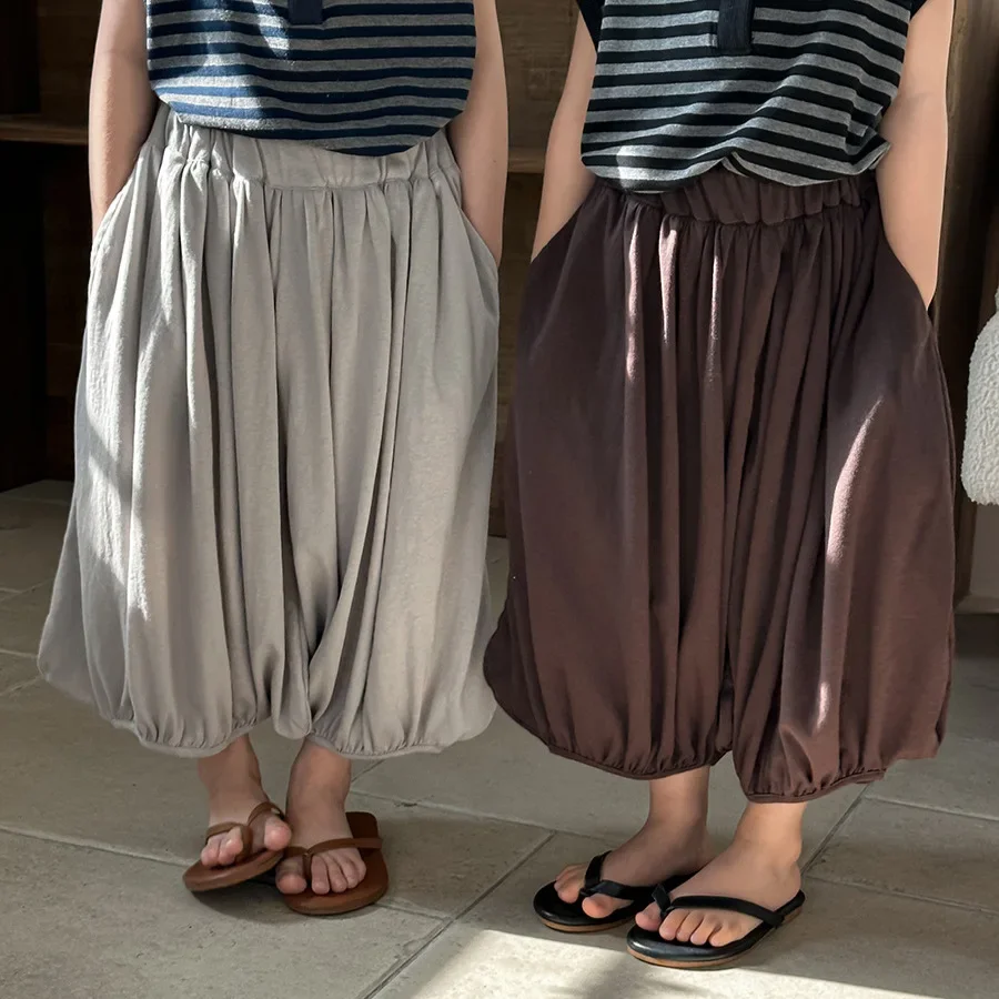 2026 Summer Unisex Solid Cotton Harem Pants Loose 7/8 Anti Mosquito Lightweight Breathable Toddler Daily Casual Soft Bottoms