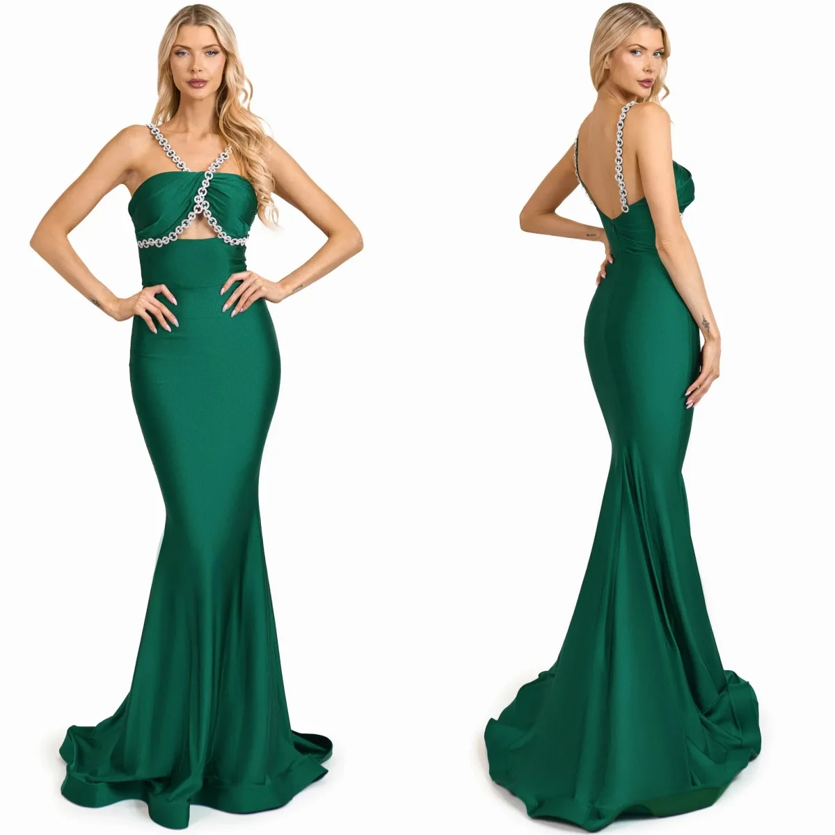 Sexy Green Evening Dresses Sweetheart Sleeveless Satin Mulheres Prom Vestidos Charming Sweep Train Personalizado Vestidos de festa formal