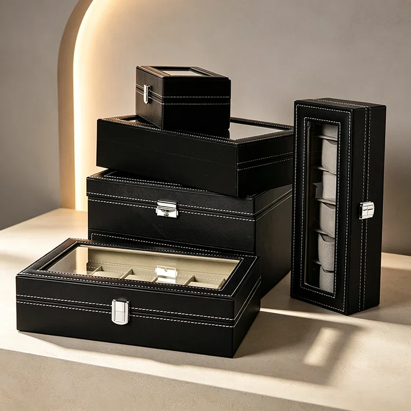 Lockable Watch Storage Box 3/5/6/10/12 Grids PU Leather Jewelry Box Watch Organizer Case with Large Lid Watch Display Box Men