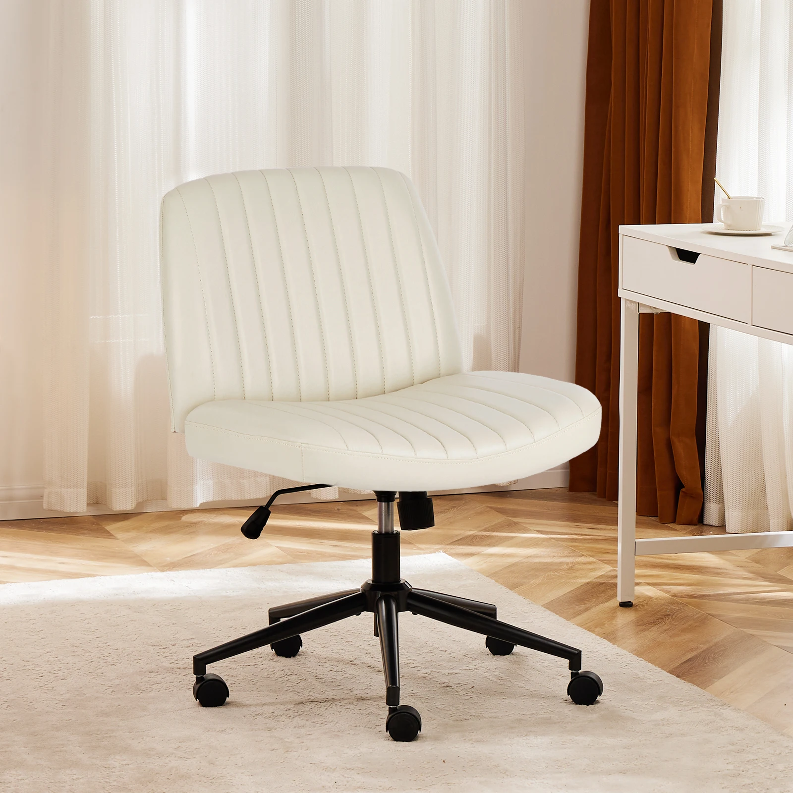 Pop Armless Cross Office Chairs With Wheels PU Leather Swivel Living Room Desk Chair Height Adjustable Support Seat Furniture
