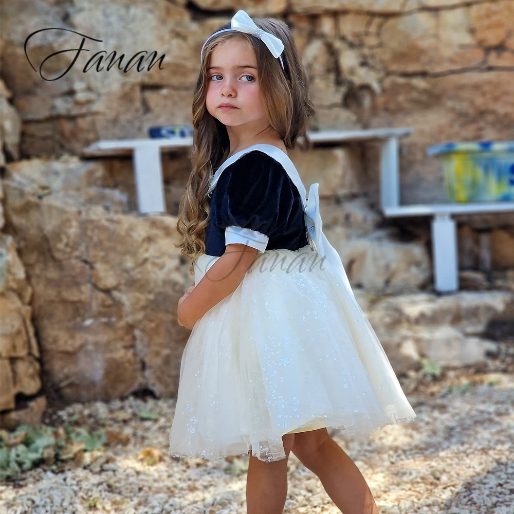 Vestido de flor em patchwork para meninas, manga curta, arco vintage, vestido de aniversário infantil