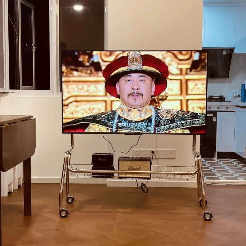 Nordic TV Stands Modern Stainless Steel TV Floor Stand with Storage Basket Movable Fits Multi-Size TV Living Room Viewing Stand