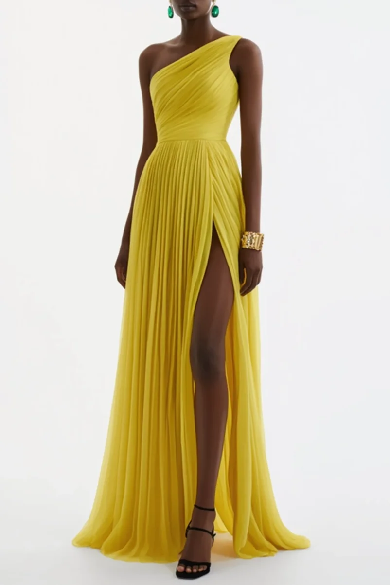 

Customized Long Yellow Evening Dresses with Slit A-Line One Shoulder Pleated Chiffon Floor Length Prom Dresses for Women