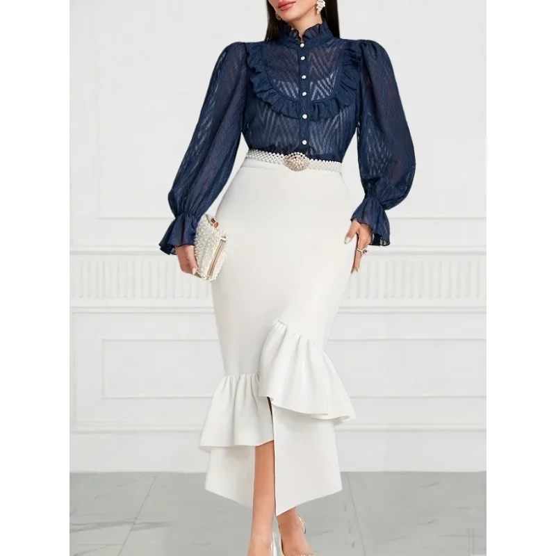 Damska bluzka z długim rękawem, nowa modna koszula z puszystymi rękawami, falbanką i zapinana na guziki.