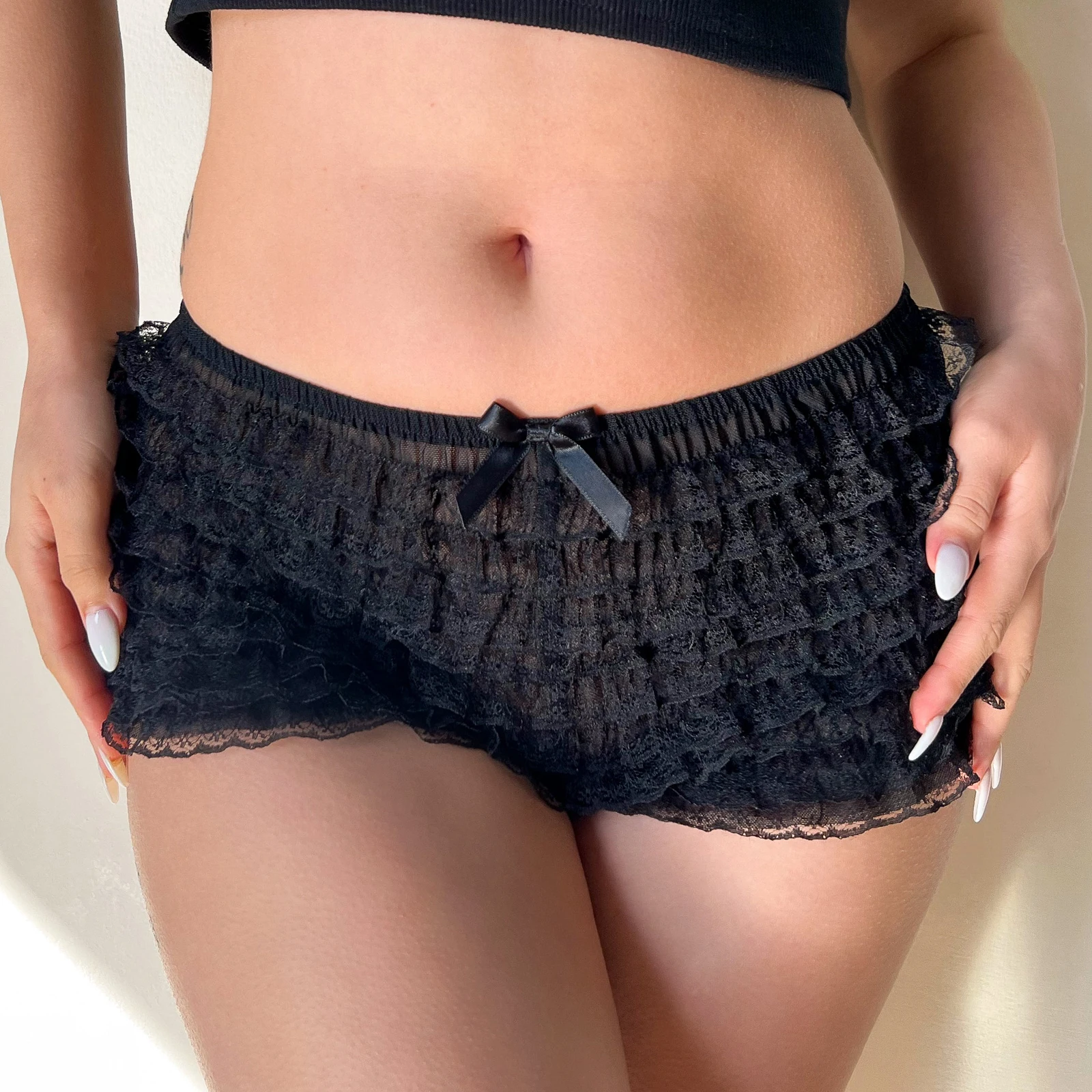 여성용 레이스 반바지, 로우 웨이스트 미니 활, 티어 프릴 밑단, 슬림 카와이 짧은 바지, 미적 하의, 여름