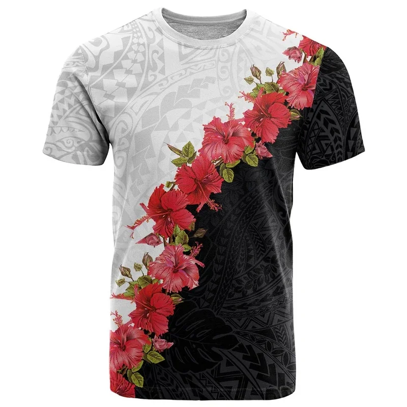 Tiki-Camiseta con estampado 3D de hibisco para hombre, camisa informal de manga corta con cuello redondo, ropa de calle polinesiana de gran tamaño, novedad de verano