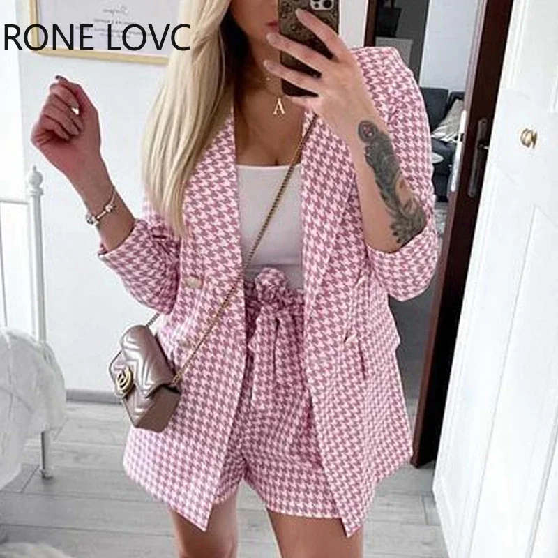 

Women Elegant Houndstooth Button Pocket Fashion Short Blazer Sets