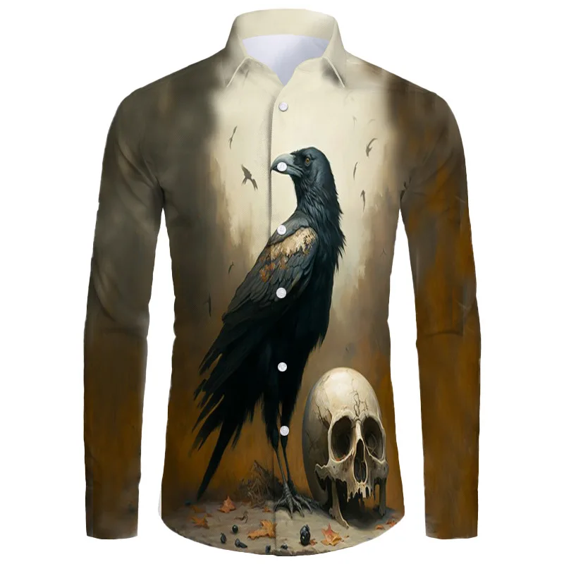 2024 New Summer Men's Long Sleeve Shirt Night Crow 3d Printing Shirt Sports Loose Shirt Party Office Shirt Men's Tops Hawaii Tee