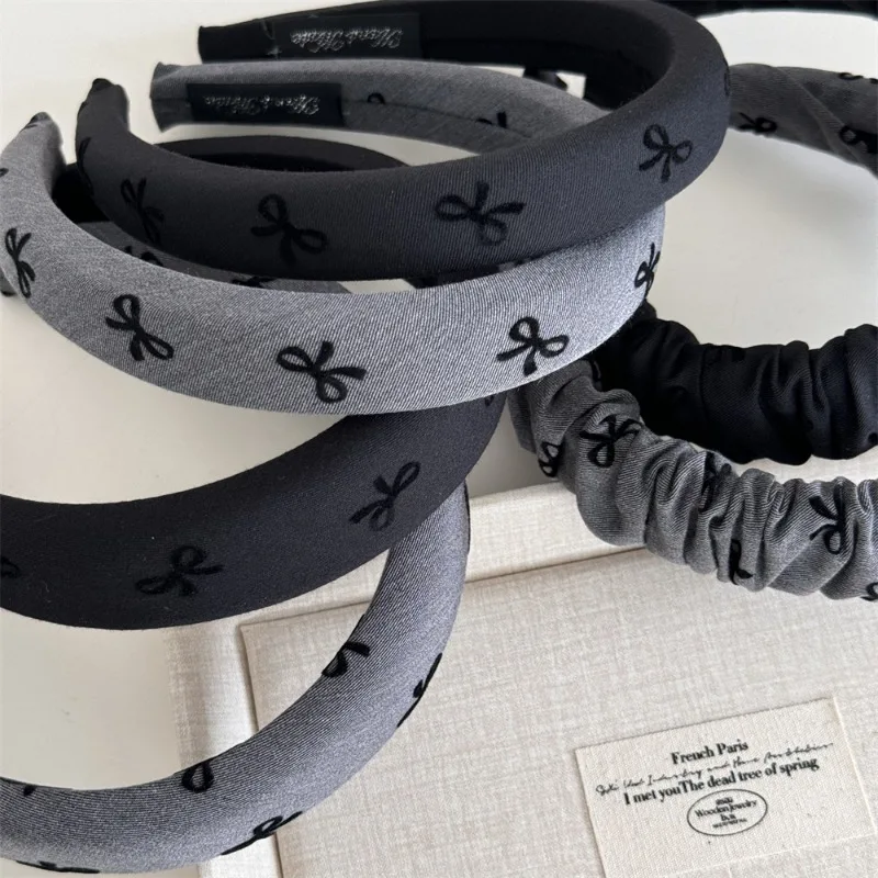 Black Gray Cute Bow Print Sponge Headband High Skull Top Hairhoop Hairpin Headband Internet Celebrity New Hair Accessories