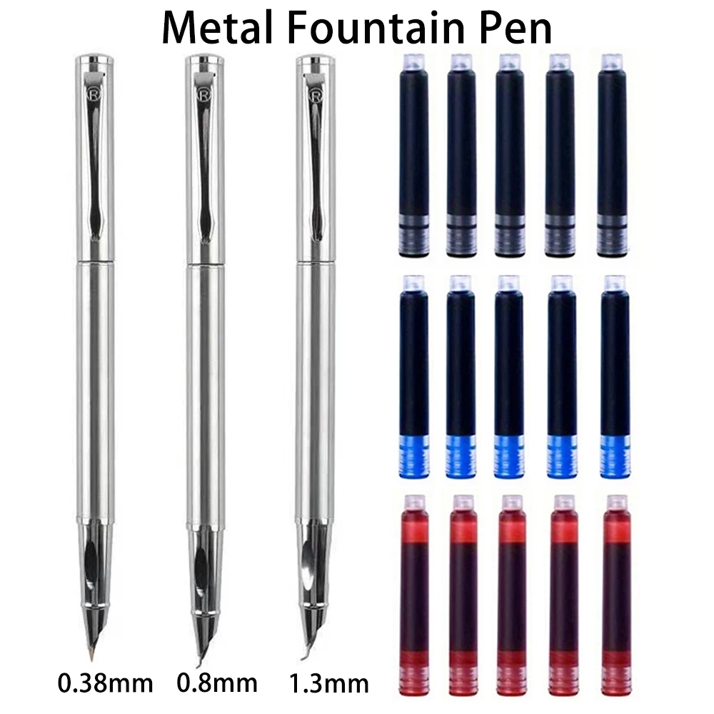 

High Quality Luxury Metal Fountain Pen Set with black ink 0.38/0.8/1.3mm Curved Nib Writing Signature Supplies Office Stationery