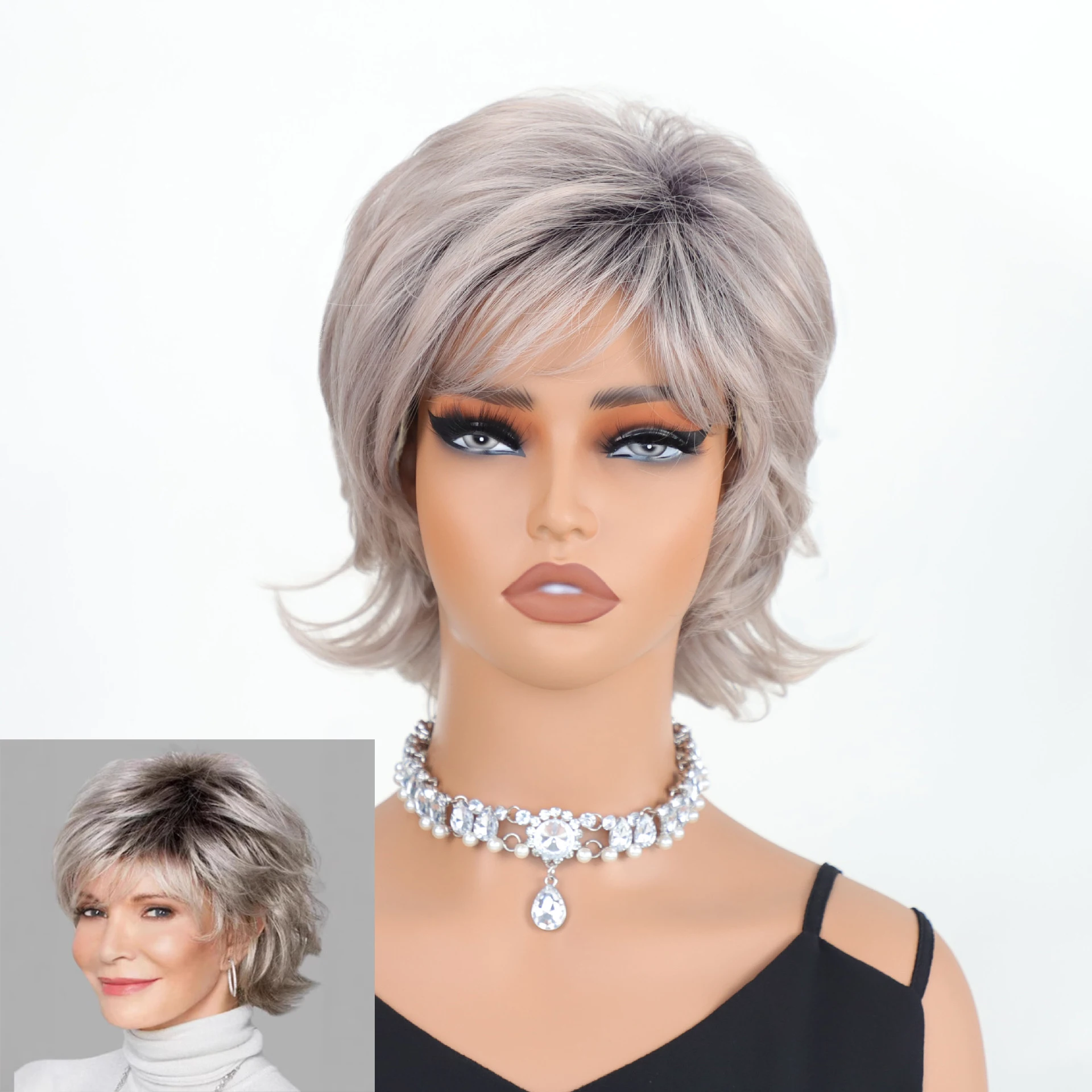 

Stylish Gray Ombre Short Curly Synthetic Hair Wig for Seniors - Comfortable and Trendy