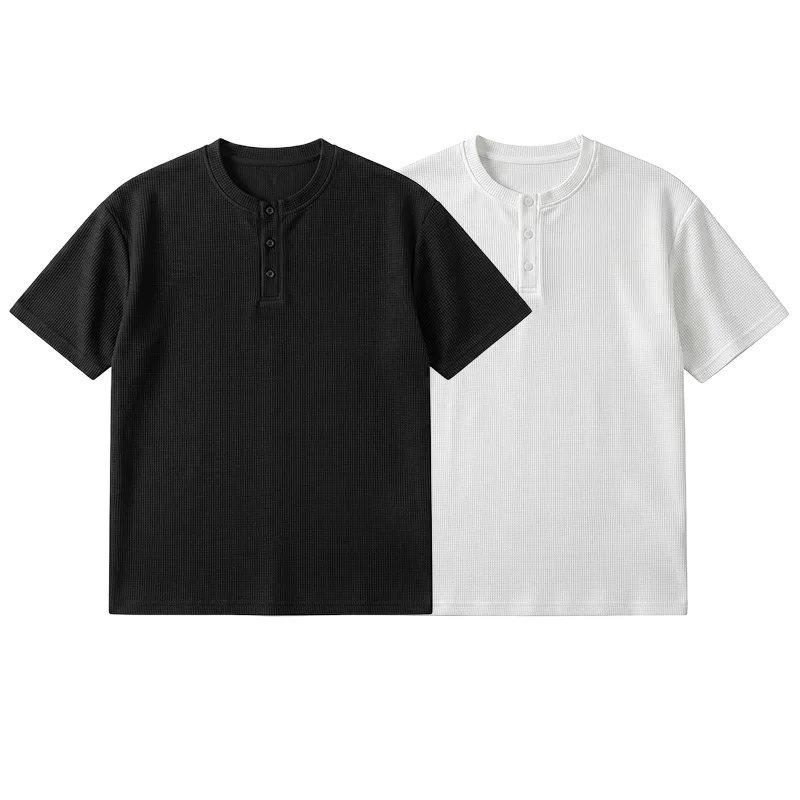 American Henry Collar White Short-sleeved Men's Summer Heavy-weight Right-shoulder T-shirt Cleanfit Waffle POLO Shirt Batch