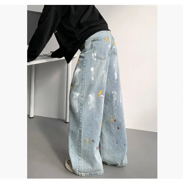 

Мужские джинсы American Vibe с брызгами чернил, свободные широкие брюки в стиле ретро, модные прямые брюки с граффити