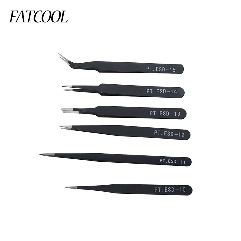 6Pcs ESD Antistatic Tweezers Curved Straight Tips Anti-corrosion for Electronics Repair Nail Art Jewelry Bird Nest DIY Tools
