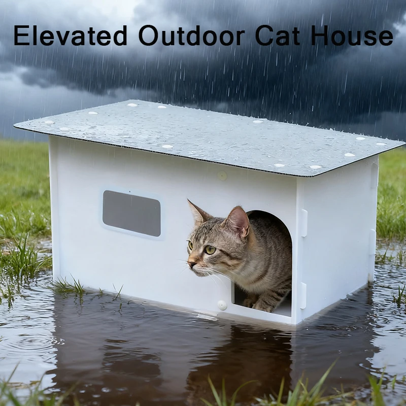 

All-Season Elevated Outdoor Cat House High-Rise Pet Shelter with Rainproof Plastic Roof,Spacious Interior for Small/Medium Cats