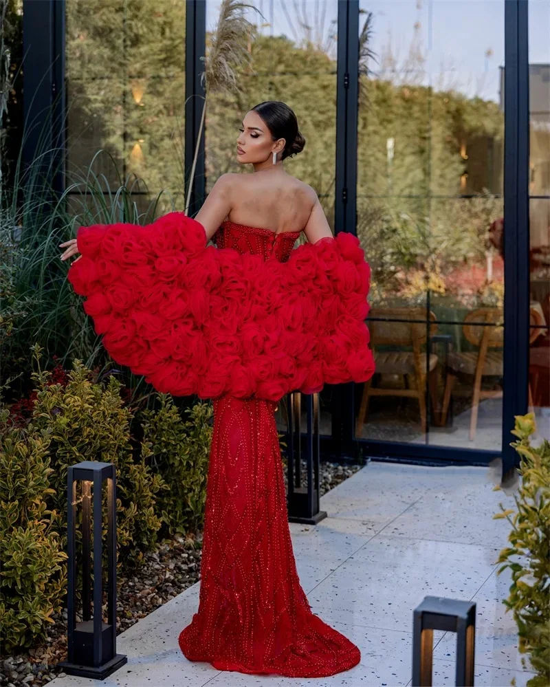 Designer Mermaid Evening Dresses Strapless Sleeveless Gown Beaded Handmade Flower Ruffles Sweep Train Dress Party Customized