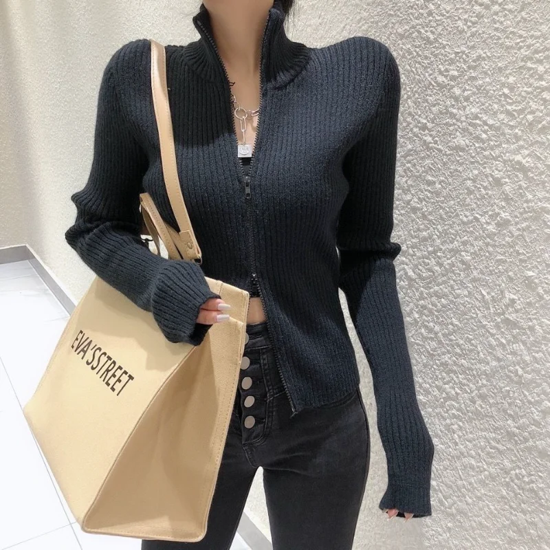 Temperament Wide Shoulder Zipper Sweater Water Wave Sleeve Knit Short Cardigan Top Women\'s Autumn New Retro Versatile Slim Coats