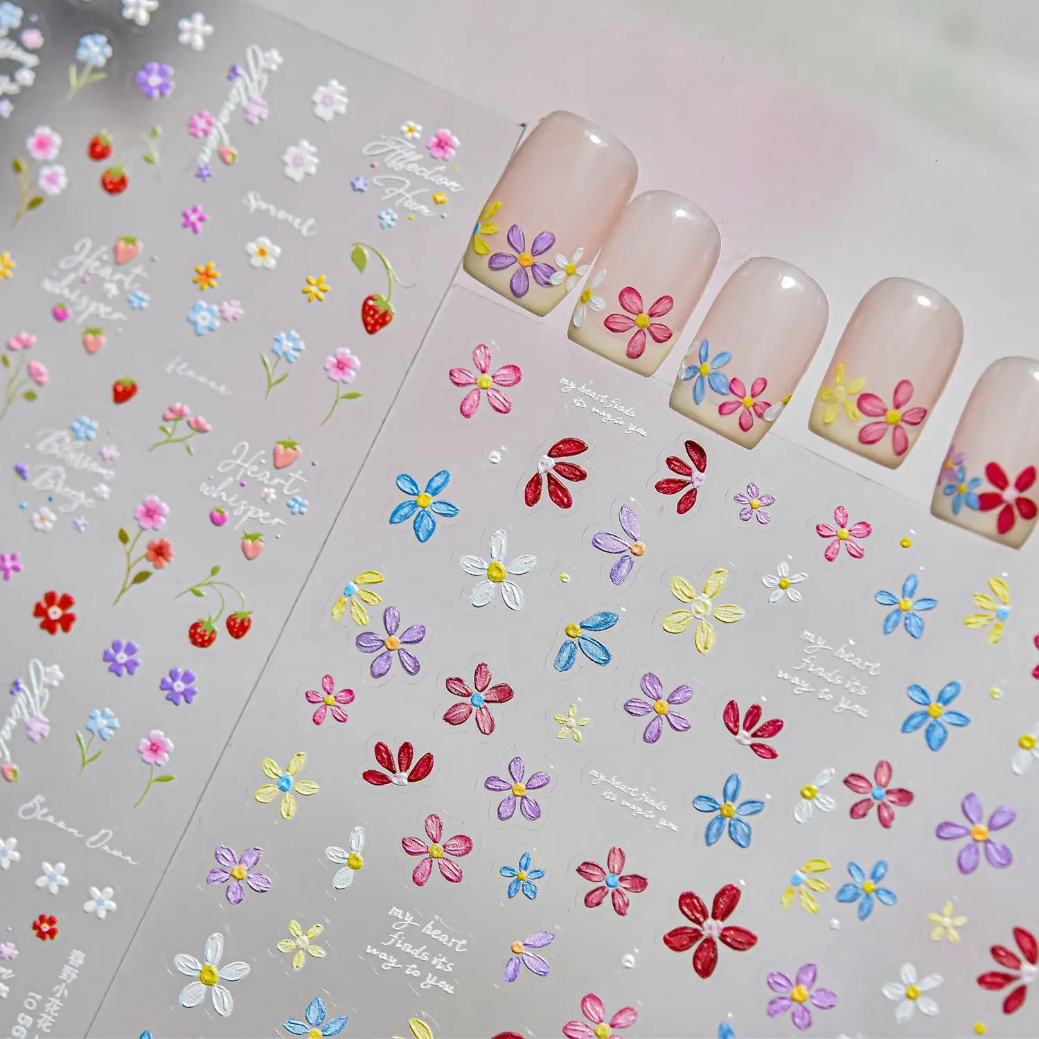 Sweet 5D relief Daisy Strawberry Nail Stickers Colorful Flor