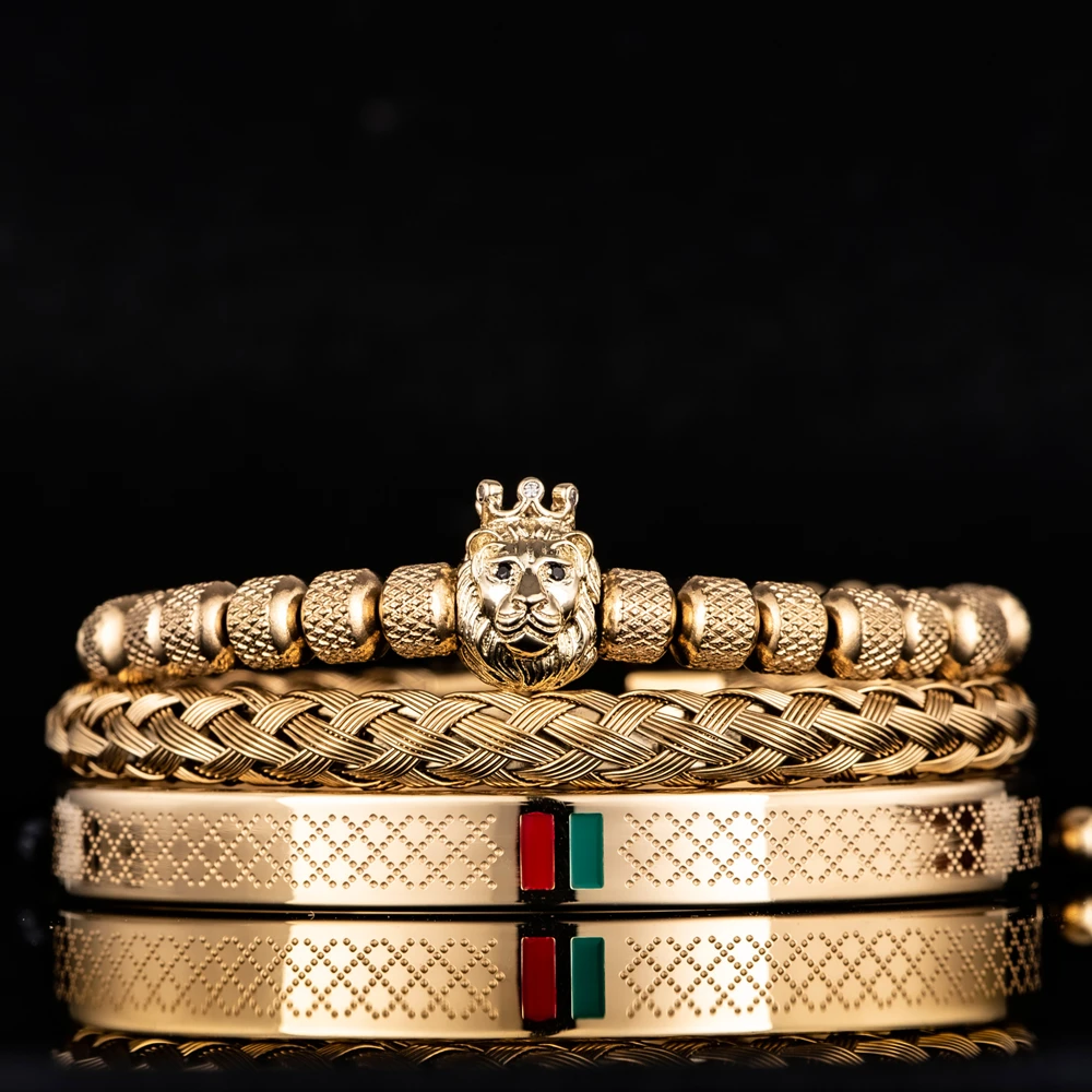 Luxury Enamel Green Red Bracelet Lion's head with Royal Crown Charm Men Stainless Steel GeometryOpen Adjustable Couple Jewelry