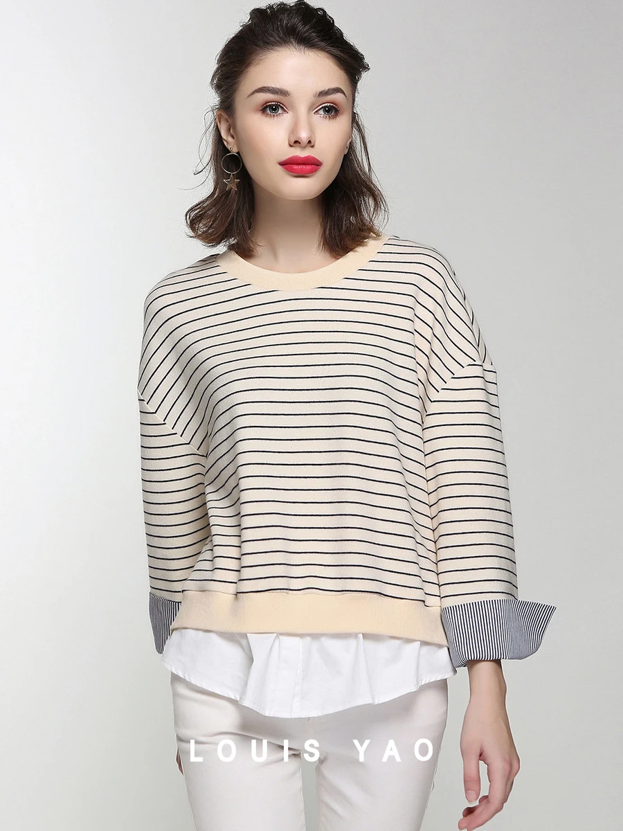 LOUIS YAO Women Patchwork Cuff Faux Two-Piece Sweatshirt 2023 Autumn Striped Drop-shoulder O-neck Long-sleeve Top