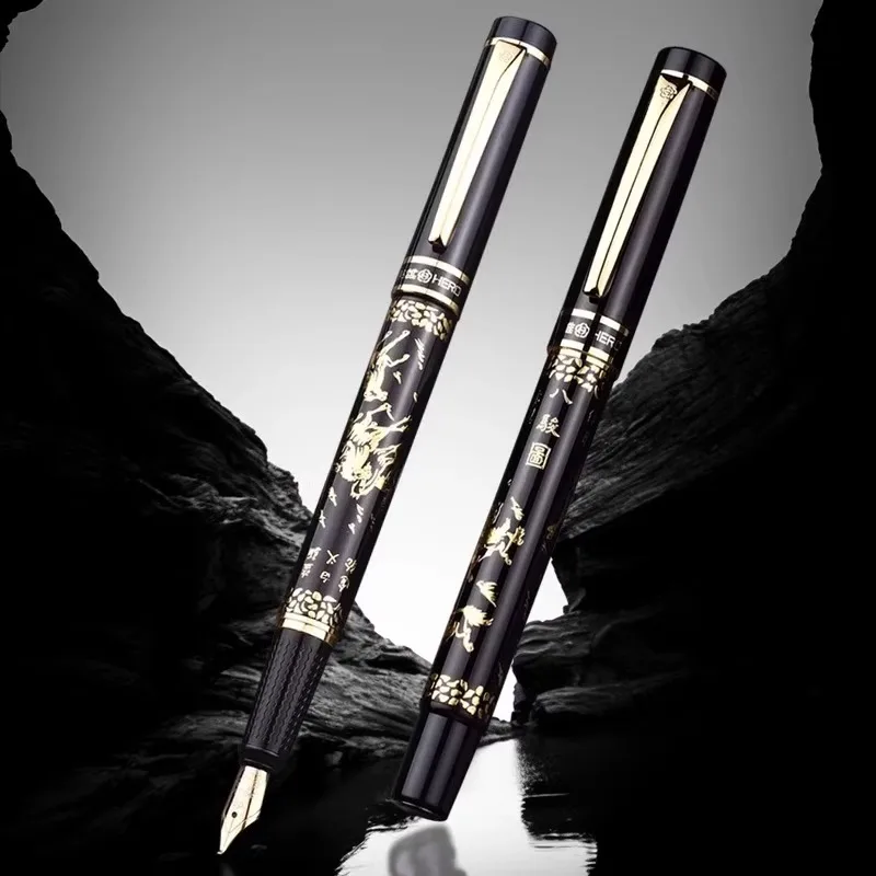 Hero 9063 Fountain Pen - Chinese Style Horse Pattern Design, Premium Gift Box Set, Classic Calligraphy Pen for Writing