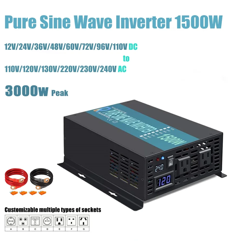 1500W Pure Sine Wave Solar Inverter 24V 220V Power Bank Solar Panel Inverter Converter 12V/36V/48V/110V DC to 120V/230V/240V AC