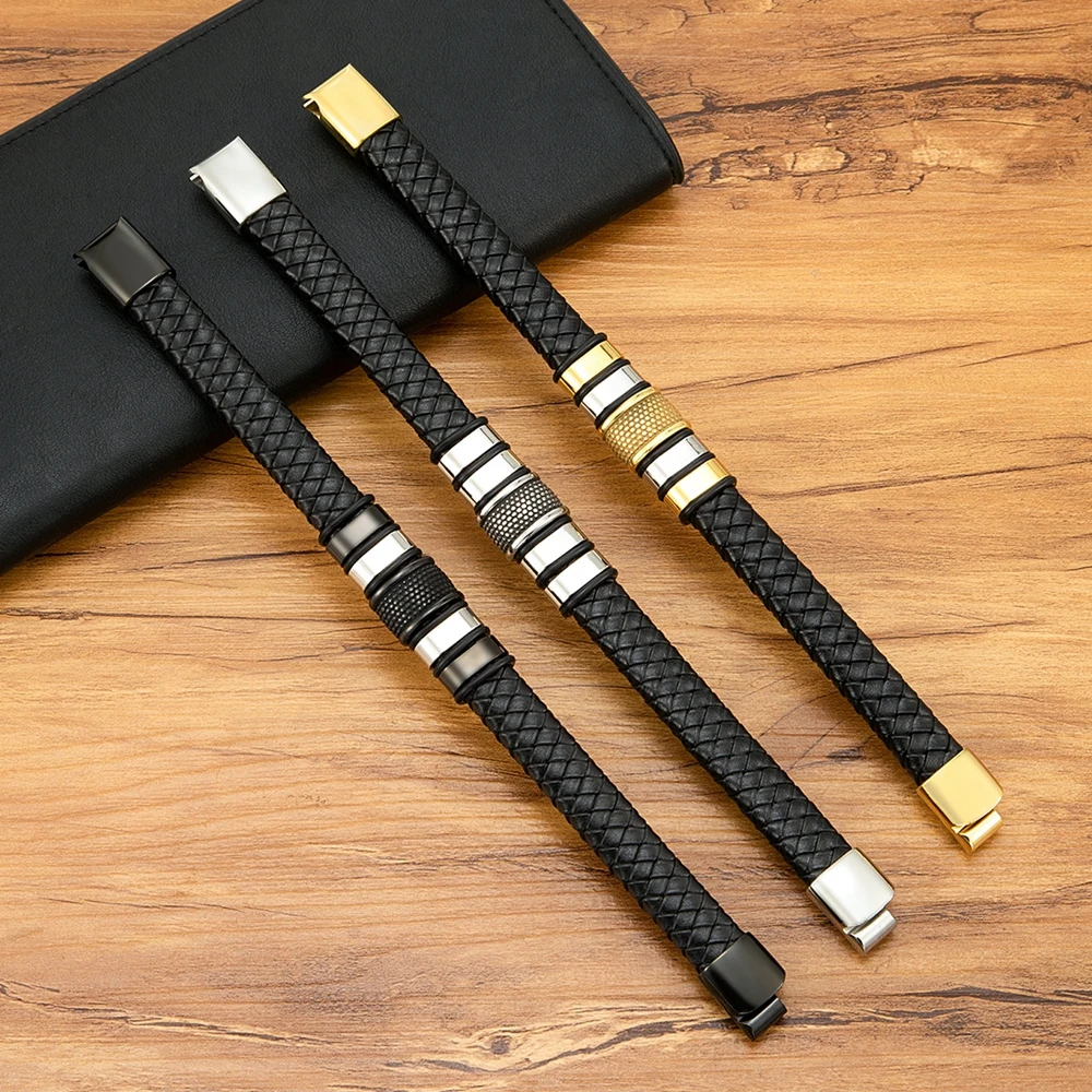 XQNI Trendy Black Leather Bracelet Homme Punk Men Gift For Husband Friend Hiphop Rock Charm Bangle Magnetic Clasp Jewelry
