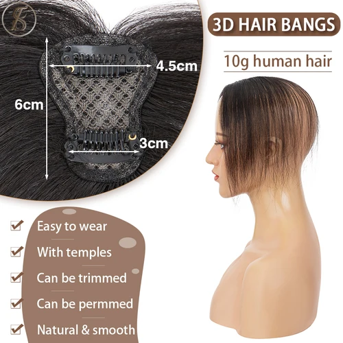 Imagen 2 del producto Clip TESS en flequillo de parte media 100% adornos de cabello humano real 360 ° Piezas de pelo con cubierta 3D para mujer, flequillo francés para uso diario