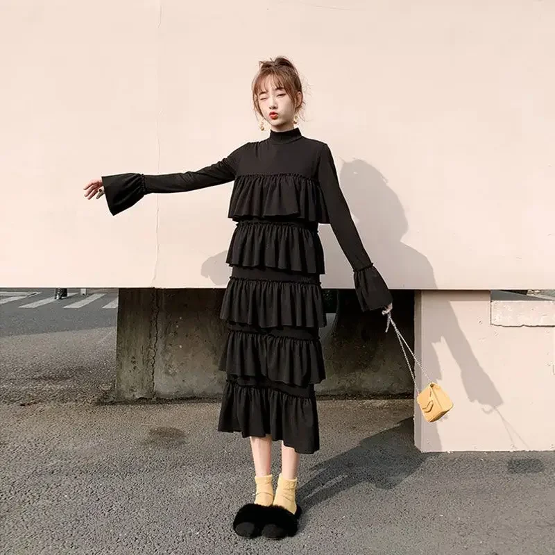 MiiiiX Casual Style Black Long Dress 2024 Autumn New Classic Loose Ruffled Tiered Dress Knitted Bottoming Shirt Female Clothes