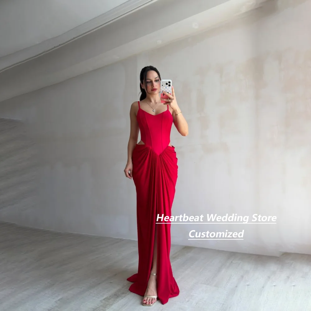 Customized Red Satin Evening Gown Spaghetti Strap Corset Bodice Cutout Draped Skirt Slit Train Formal Prom Party Long Dress
