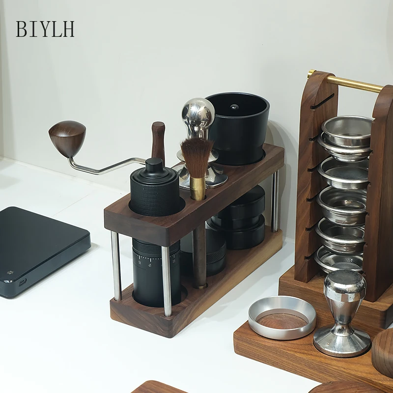 Solid Wood Storage Rack Coffee Powder Hammer Hand-cranked Powder Grinder Storage Holder Double-layer 6-hole Walnut Storage Seat