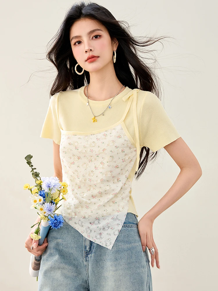 Słodka koszulka z krótkim rękawem nieregularny patchworkowy kwiatowy fałszywe dwuczęściowe t-shirty 2025 letnie nowe modne eleganckie topy Tees