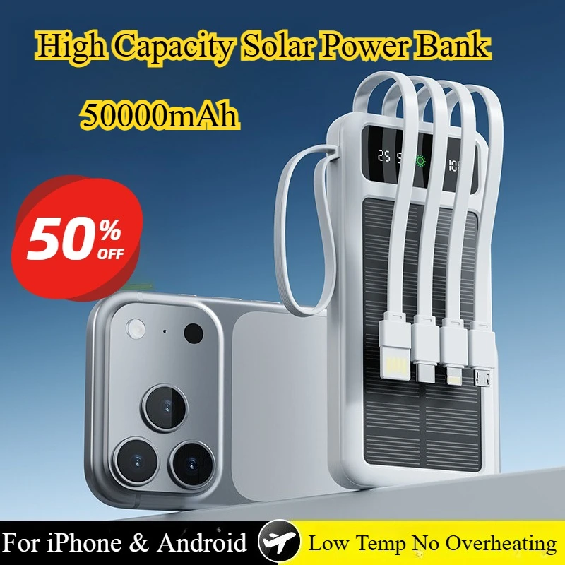 20000mAh Large Capacity Solar Power Bank Outdoor Portable Powerbank Built-in Multiple Cables Fast Charge External Battery