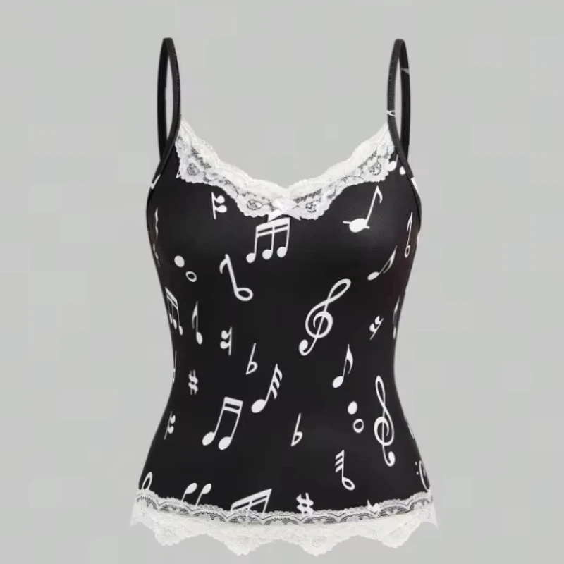 Fashion Aesthetics Hot Girl Y2k Aesthetic Cute Harajuku Music Elements Camisole Individuality Lace Slim Fit Vest Print Top Emo