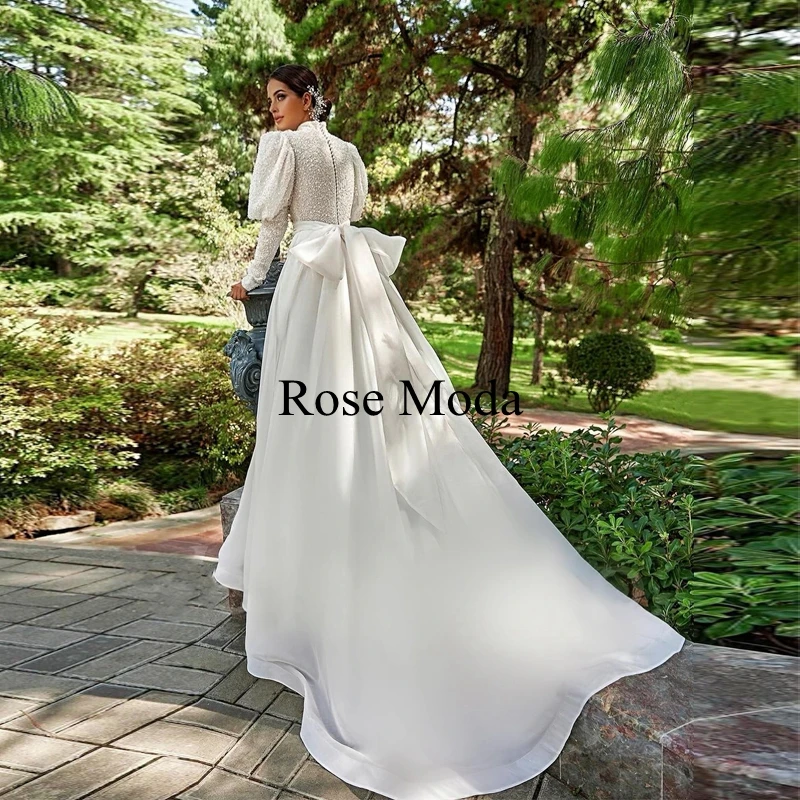 Rose Moda High Neck Long Sleeves Princess Beading Lace Wedding Dresses with Bow Organza Bridal Gown Real Photos