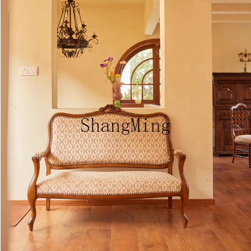 

ZYY solid wood sofa retro old carved living room fabric double leisure chair cafe chair