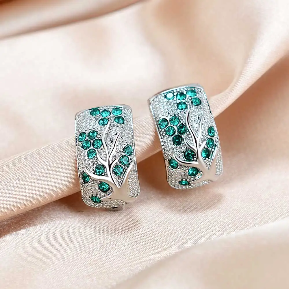 Fashion Luxury Micro-inlaid Plum Tree Branch Hoop Earrings for Women Red Green Blue Pink Zircon Earrings Wedding Jewelry 2022