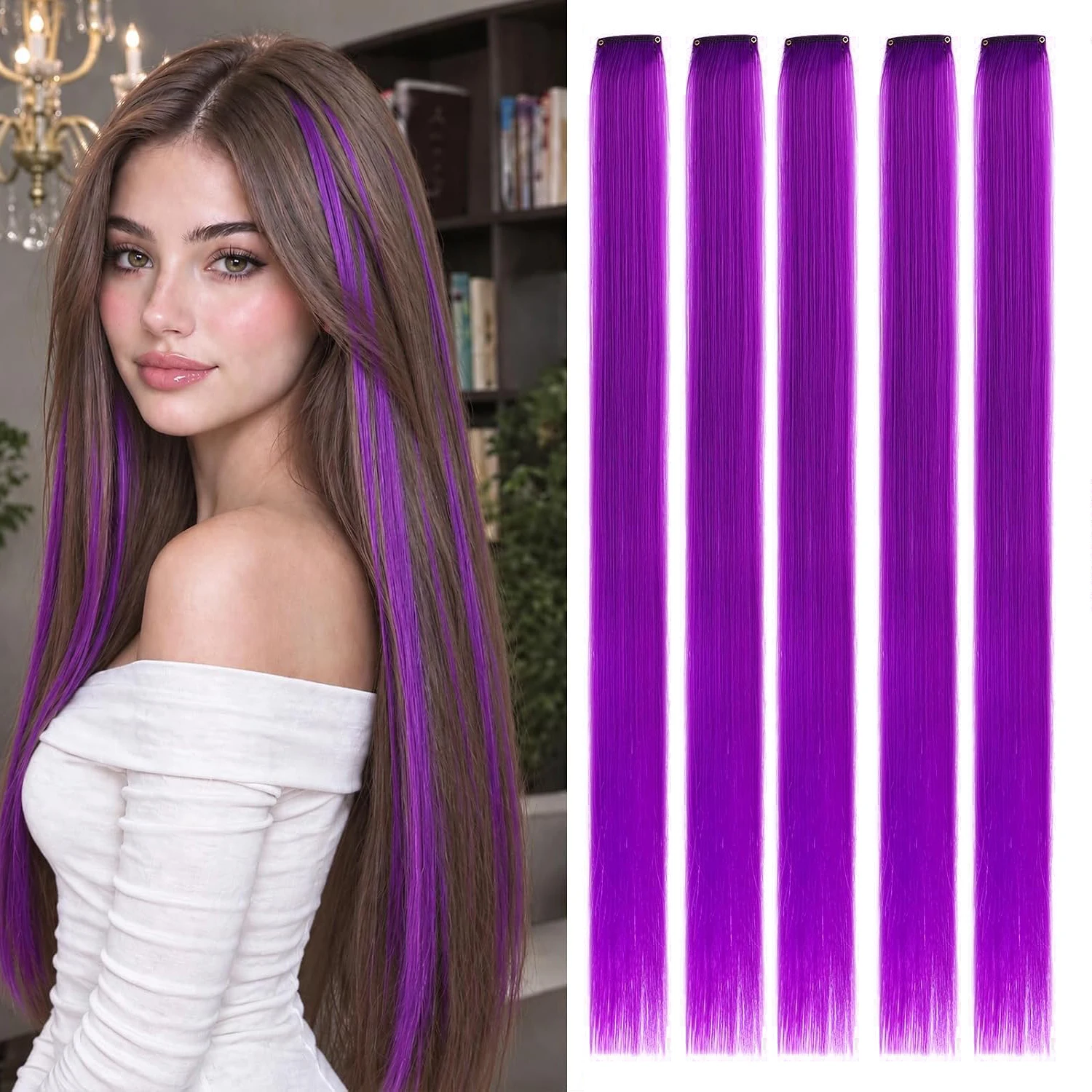 5 PCS Colored Purple Hair Extensions 20 Inch Colorful Clip in Hair Extensions Straight Synthetic Hairpiece for Women Kids Girls