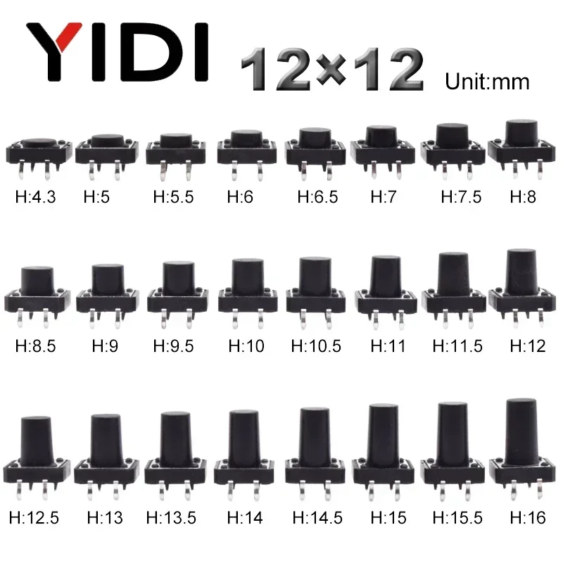 

10pcs Panel PCB Tact Push Button On Off Momentary Reset Tactile Microswitch DC12V 4 Pin DIP 12x12 H=5/6/7/8/9/10/12/13/15/16mm