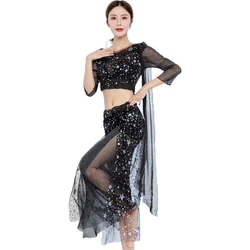 Belly Dance Costume Pearl Embroidered Mesh Women 2 Piece Oriental Dance Practice Wear Hip Scarf Skirt Thin Training Clothes Set