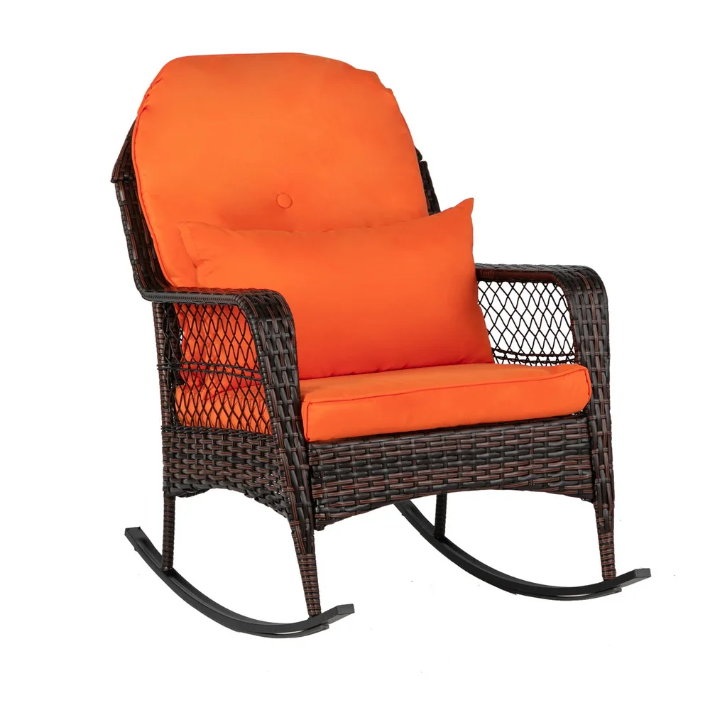 Outdoor Resina Wicker Cadeira de balanço com esponja Almofadas, Pátio Quintal Móveis Club Rocker Chair, Black Wicker & Orange Almofadas