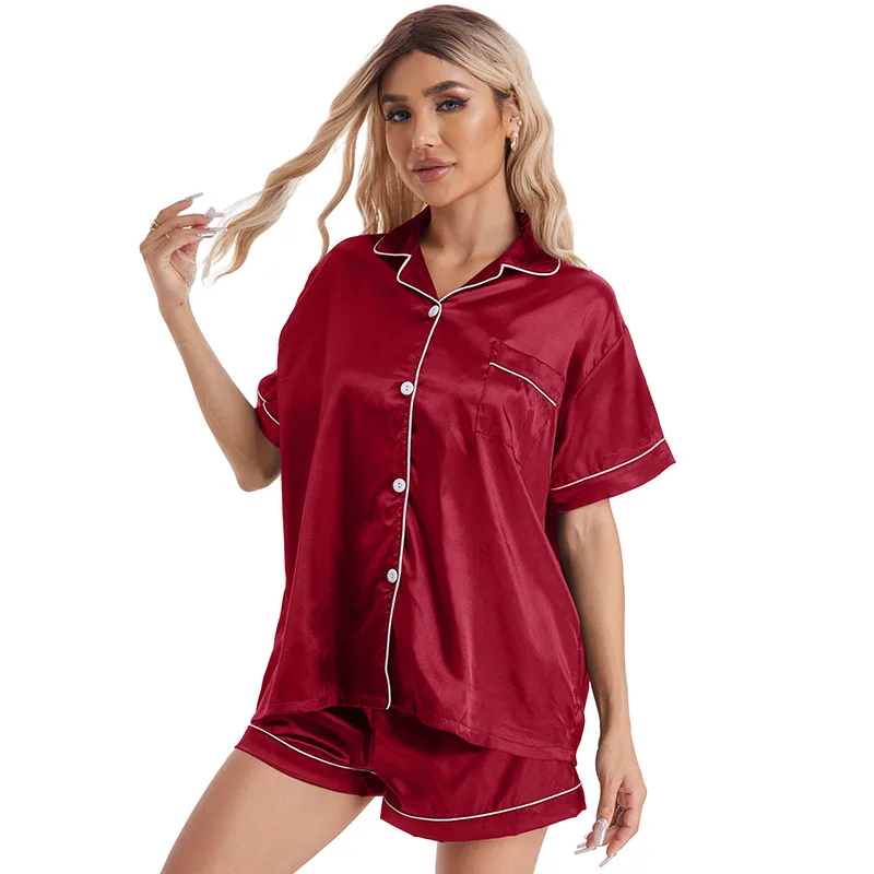 

2Pcs Women Summer Short Sleeve Pajamas Solid Color Comfort Lapel Tops With Shorts Sleepwear Set Single Breasted Shitr Nightwear