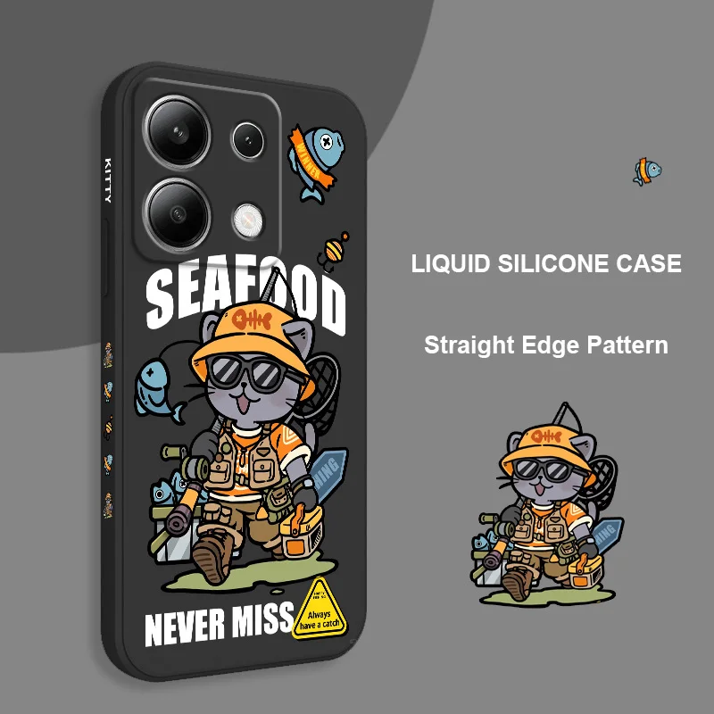 

Fishing Cat Phone Case For Xiaomi Redmi Note 14 13 12 12S 11 11S 10 10S 9 9S 14C Pro Plus 4G 5G Liquid Silicone Cover